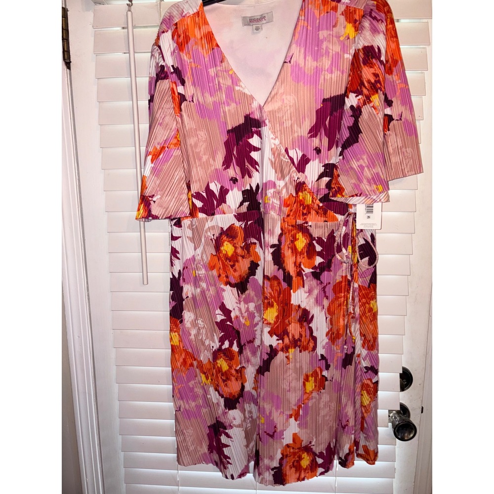 Destination Maternity Floral Pleated‎ Wrap Dress XXL Pink Orange V-Neck Midi